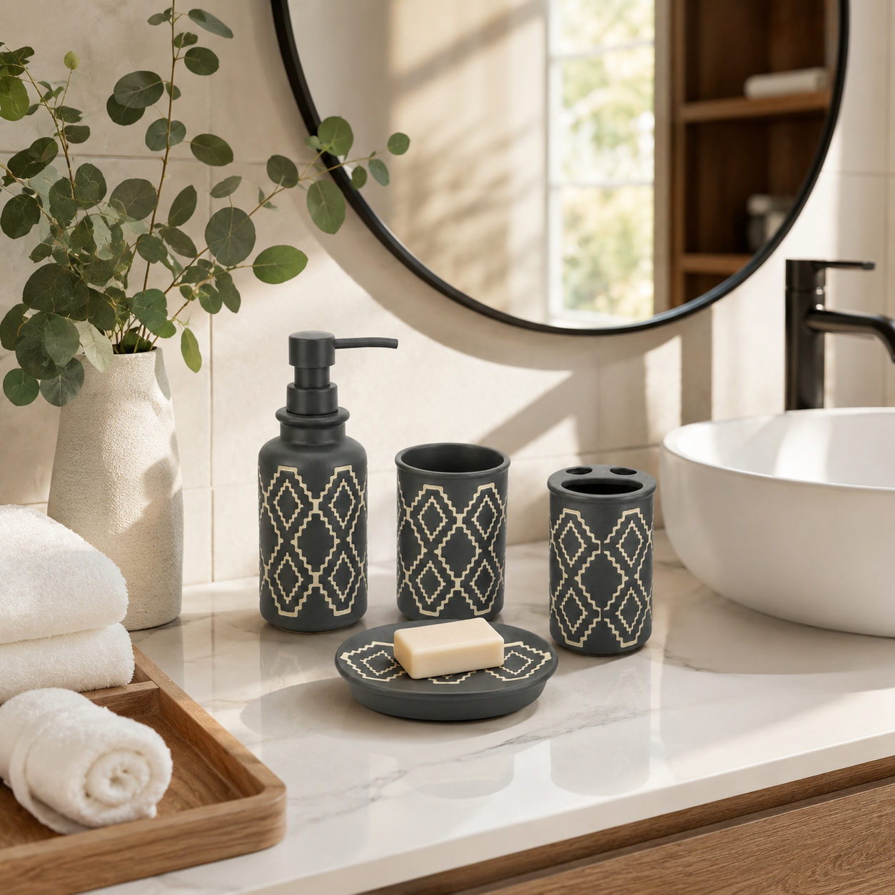 4-Piece Premium Ceramic Bathroom Accessories Set | Soap Dispenser, Soap Dish, Toothbrush Holder & Tumbler | Modern Bathroom Organizer | Matte Finish | Decorative Bathroom Set