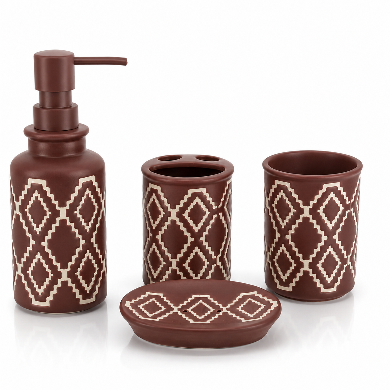 4-Piece Premium Ceramic Bathroom Accessories Set | Soap Dispenser, Soap Dish, Toothbrush Holder & Tumbler | Modern Bathroom Organizer | Matte Finish | Decorative Bathroom Set