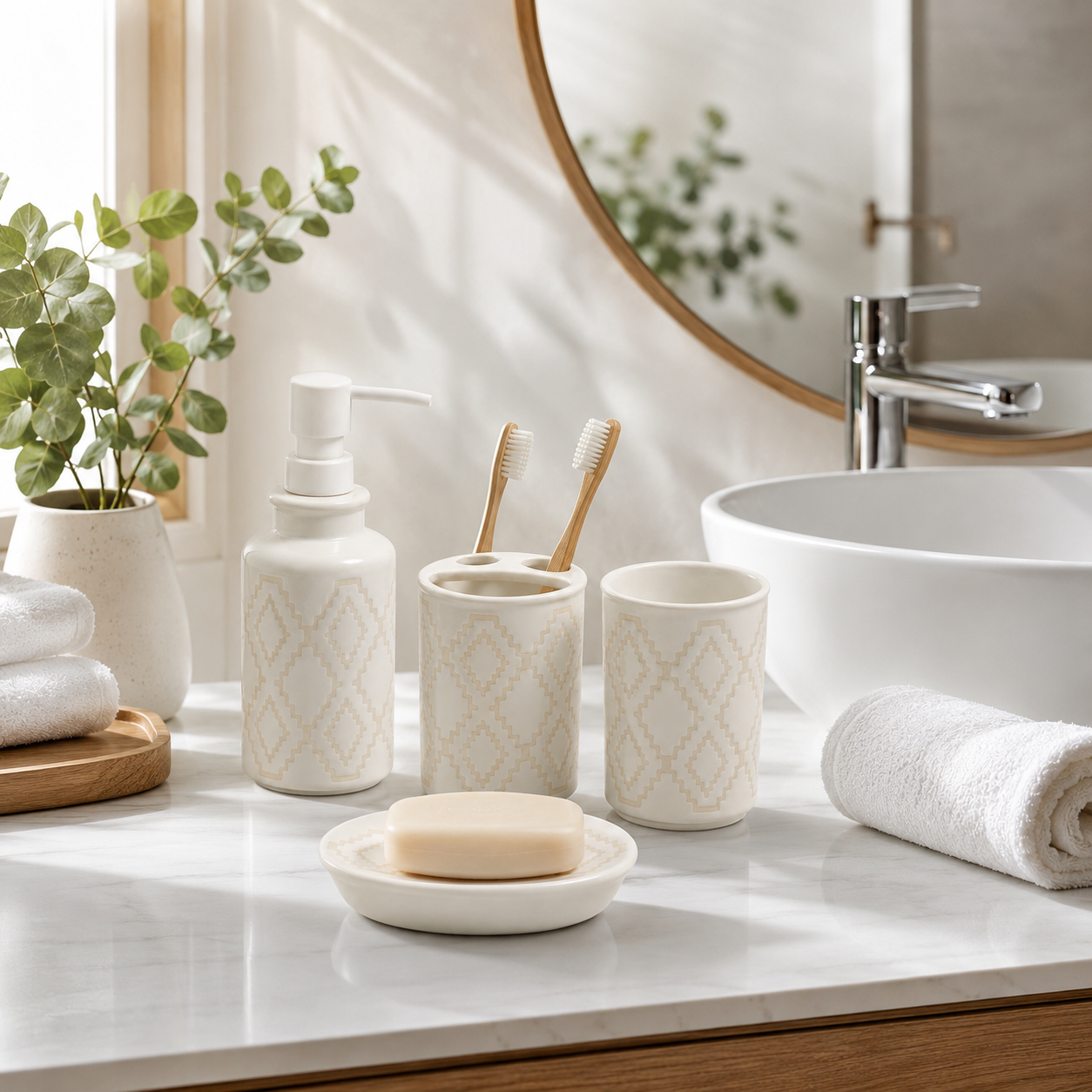 4-Piece Premium Ceramic Bathroom Accessories Set | Soap Dispenser, Soap Dish, Toothbrush Holder & Tumbler | Modern Bathroom Organizer | Matte Finish | Decorative Bathroom Set