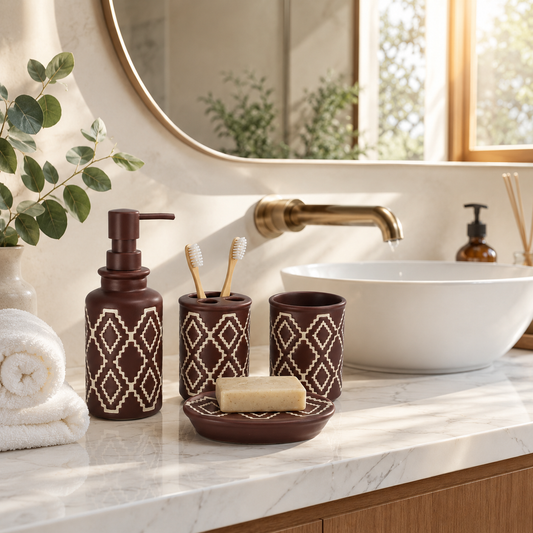 4-Piece Premium Ceramic Bathroom Accessories Set | Soap Dispenser, Soap Dish, Toothbrush Holder & Tumbler | Modern Bathroom Organizer | Matte Finish | Decorative Bathroom Set