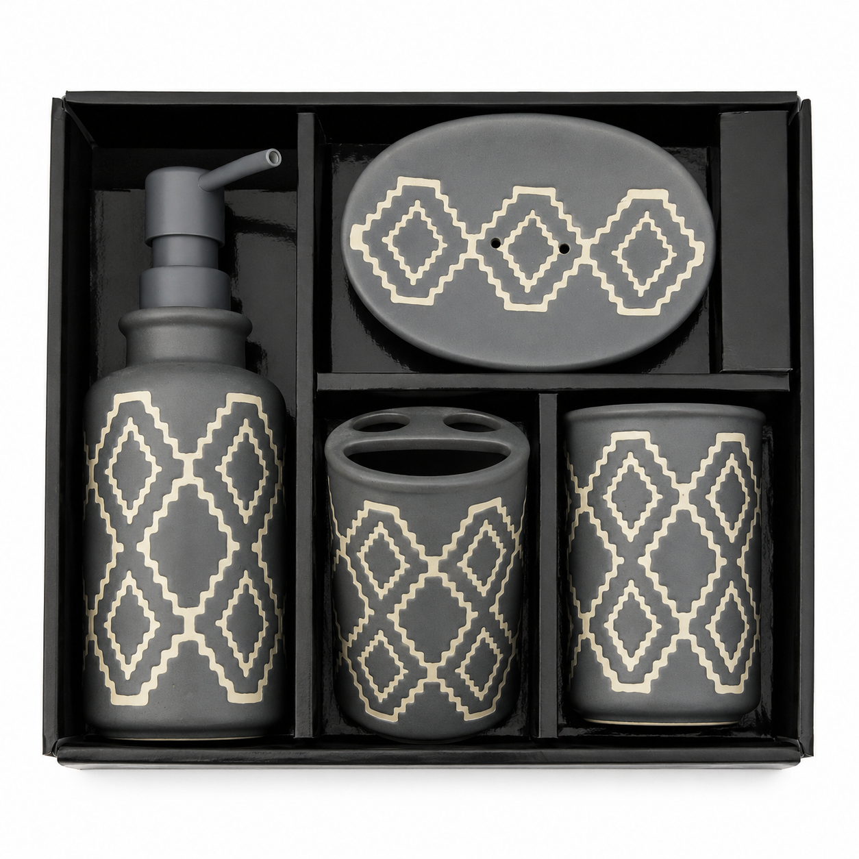 4-Piece Premium Ceramic Bathroom Accessories Set | Soap Dispenser, Soap Dish, Toothbrush Holder & Tumbler | Modern Bathroom Organizer | Matte Finish | Decorative Bathroom Set