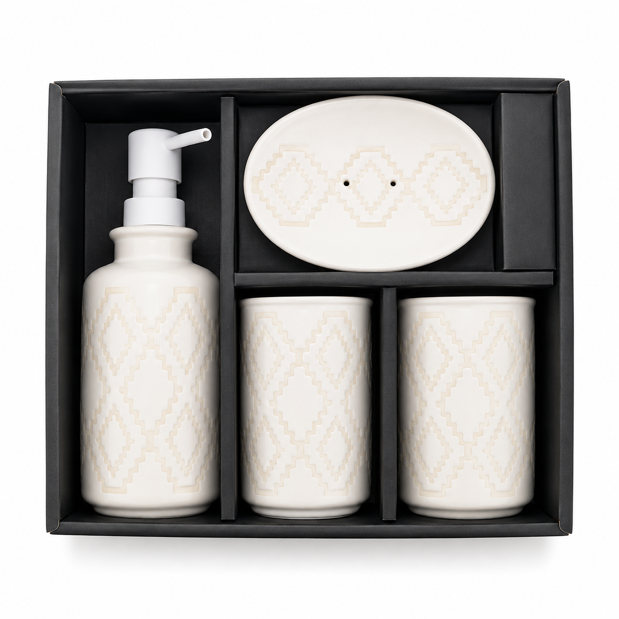 4-Piece Premium Ceramic Bathroom Accessories Set | Soap Dispenser, Soap Dish, Toothbrush Holder & Tumbler | Modern Bathroom Organizer | Matte Finish | Decorative Bathroom Set