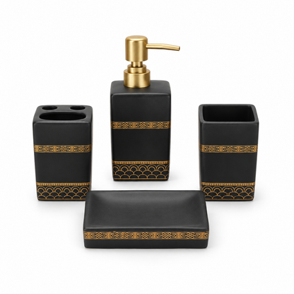 Premium 4-Piece Ceramic Bathroom Accessories Set with Gold Pump | Soap Dispenser, Toothbrush Holder, Tumbler & Soap Dish | Luxury Bathroom Organizer | White & Black Variants