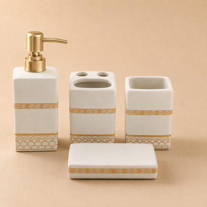 Premium 4-Piece Ceramic Bathroom Accessories Set with Gold Pump | Soap Dispenser, Toothbrush Holder, Tumbler & Soap Dish | Luxury Bathroom Organizer | White & Black Variants
