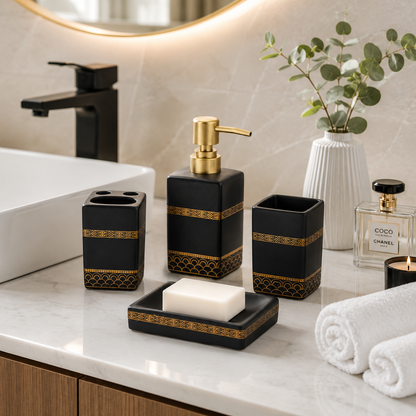 Premium 4-Piece Ceramic Bathroom Accessories Set with Gold Pump | Soap Dispenser, Toothbrush Holder, Tumbler & Soap Dish | Luxury Bathroom Organizer | White & Black Variants