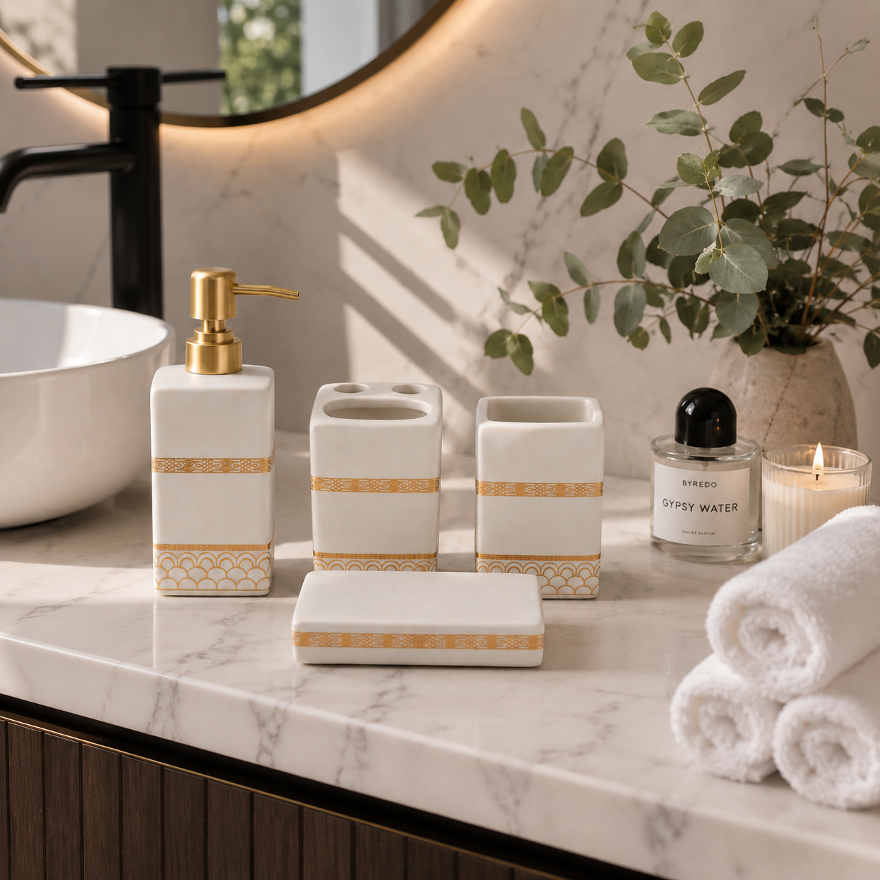 Premium 4-Piece Ceramic Bathroom Accessories Set with Gold Pump | Soap Dispenser, Toothbrush Holder, Tumbler & Soap Dish | Luxury Bathroom Organizer | White & Black Variants