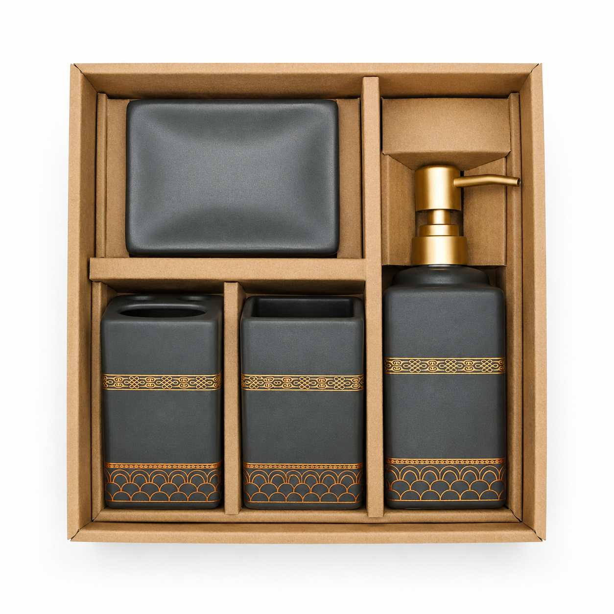 Premium 4-Piece Ceramic Bathroom Accessories Set with Gold Pump | Soap Dispenser, Toothbrush Holder, Tumbler & Soap Dish | Luxury Bathroom Organizer | White & Black Variants