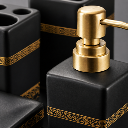 Premium 4-Piece Ceramic Bathroom Accessories Set with Gold Pump | Soap Dispenser, Toothbrush Holder, Tumbler & Soap Dish | Luxury Bathroom Organizer | White & Black Variants