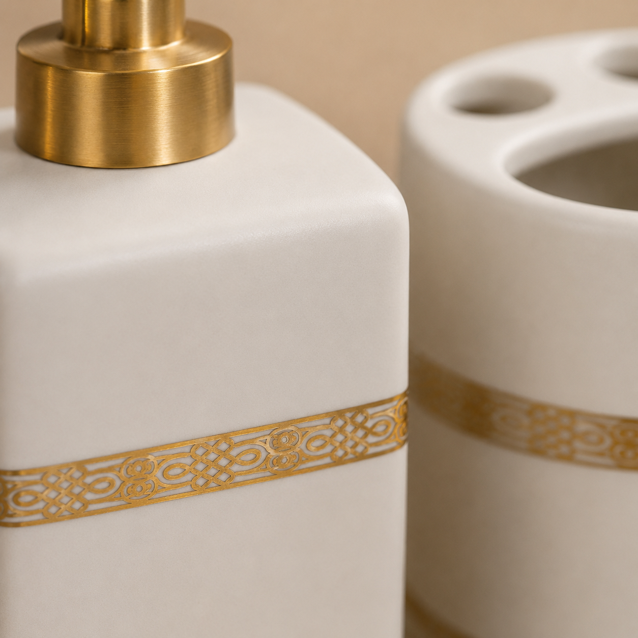 Premium 4-Piece Ceramic Bathroom Accessories Set with Gold Pump | Soap Dispenser, Toothbrush Holder, Tumbler & Soap Dish | Luxury Bathroom Organizer | White & Black Variants