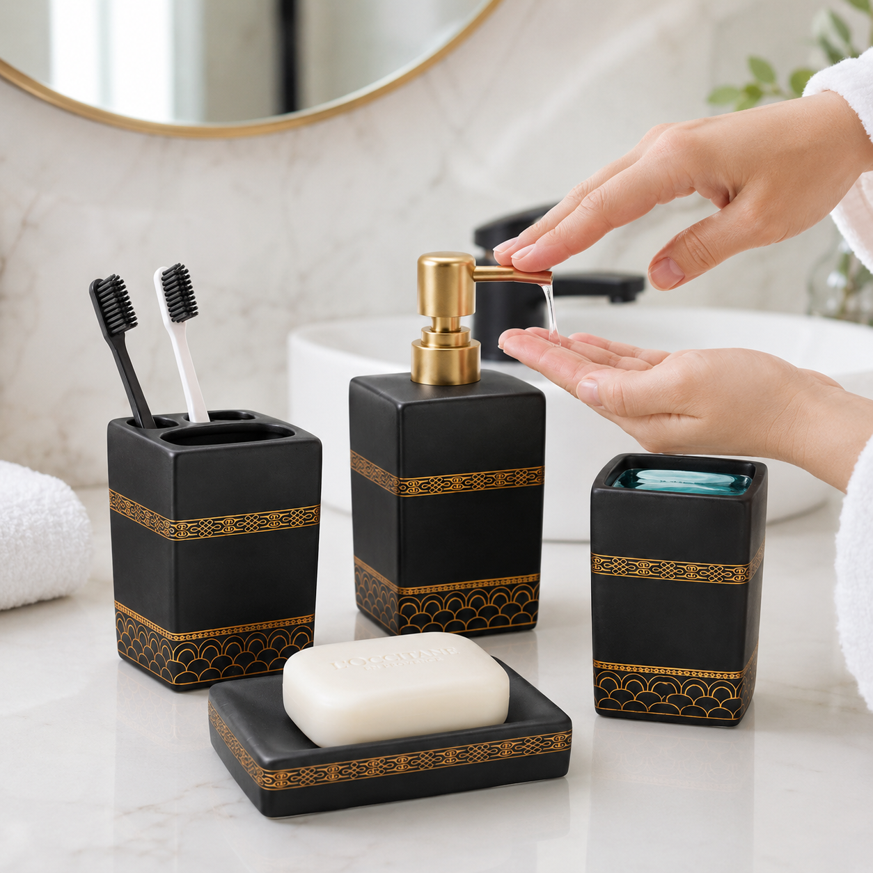 Premium 4-Piece Ceramic Bathroom Accessories Set with Gold Pump | Soap Dispenser, Toothbrush Holder, Tumbler & Soap Dish | Luxury Bathroom Organizer | White & Black Variants