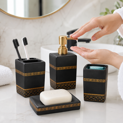 Premium 4-Piece Ceramic Bathroom Accessories Set with Gold Pump | Soap Dispenser, Toothbrush Holder, Tumbler & Soap Dish | Luxury Bathroom Organizer | White & Black Variants