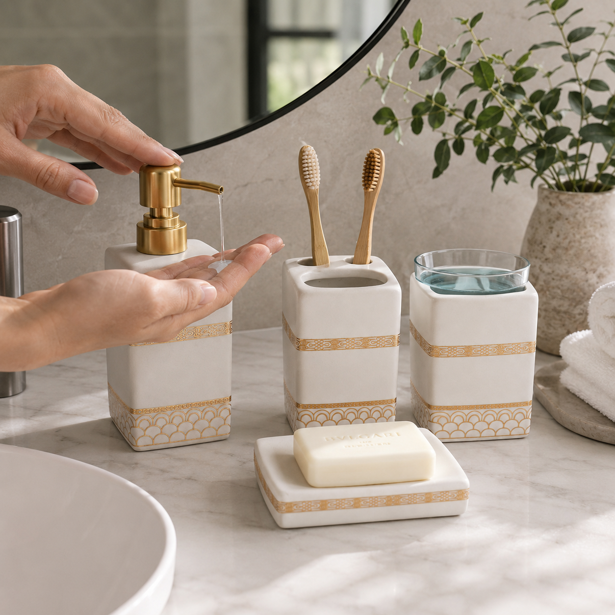 Premium 4-Piece Ceramic Bathroom Accessories Set with Gold Pump | Soap Dispenser, Toothbrush Holder, Tumbler & Soap Dish | Luxury Bathroom Organizer | White & Black Variants