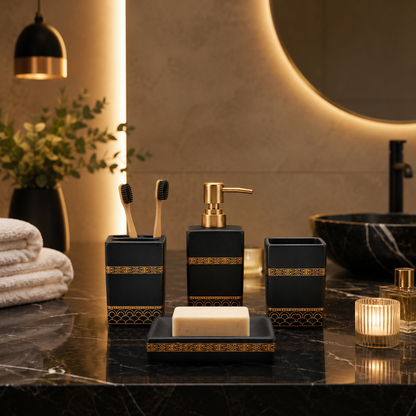 Premium 4-Piece Ceramic Bathroom Accessories Set with Gold Pump | Soap Dispenser, Toothbrush Holder, Tumbler & Soap Dish | Luxury Bathroom Organizer | White & Black Variants