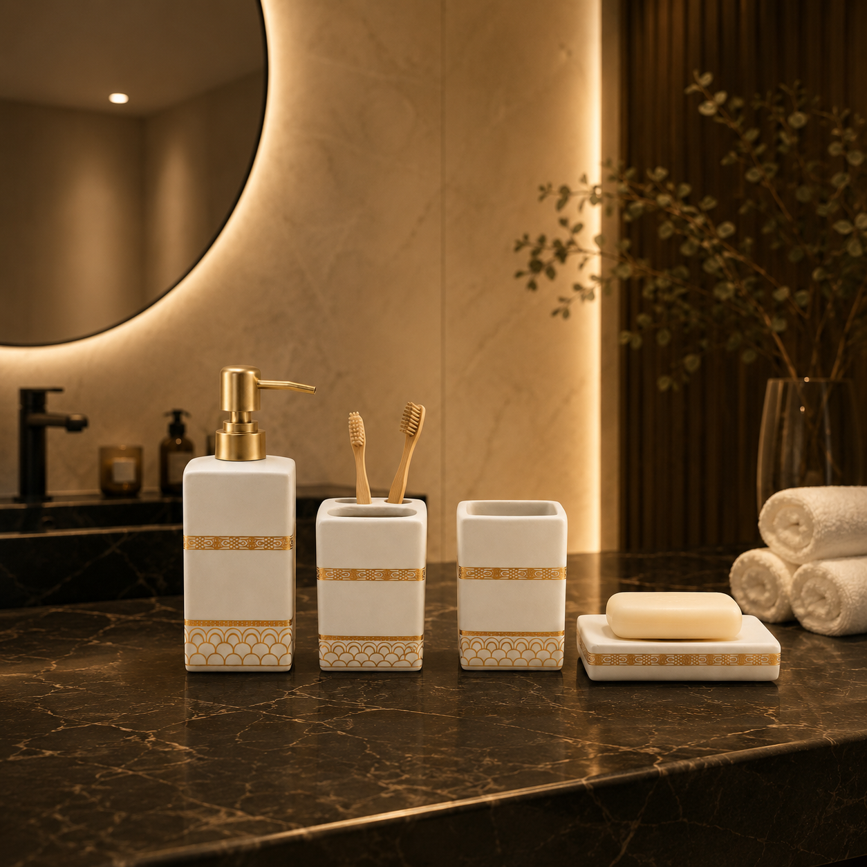 Premium 4-Piece Ceramic Bathroom Accessories Set with Gold Pump | Soap Dispenser, Toothbrush Holder, Tumbler & Soap Dish | Luxury Bathroom Organizer | White & Black Variants
