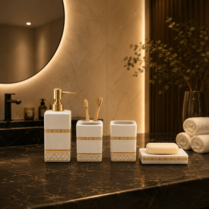 Premium 4-Piece Ceramic Bathroom Accessories Set with Gold Pump | Soap Dispenser, Toothbrush Holder, Tumbler & Soap Dish | Luxury Bathroom Organizer | White & Black Variants
