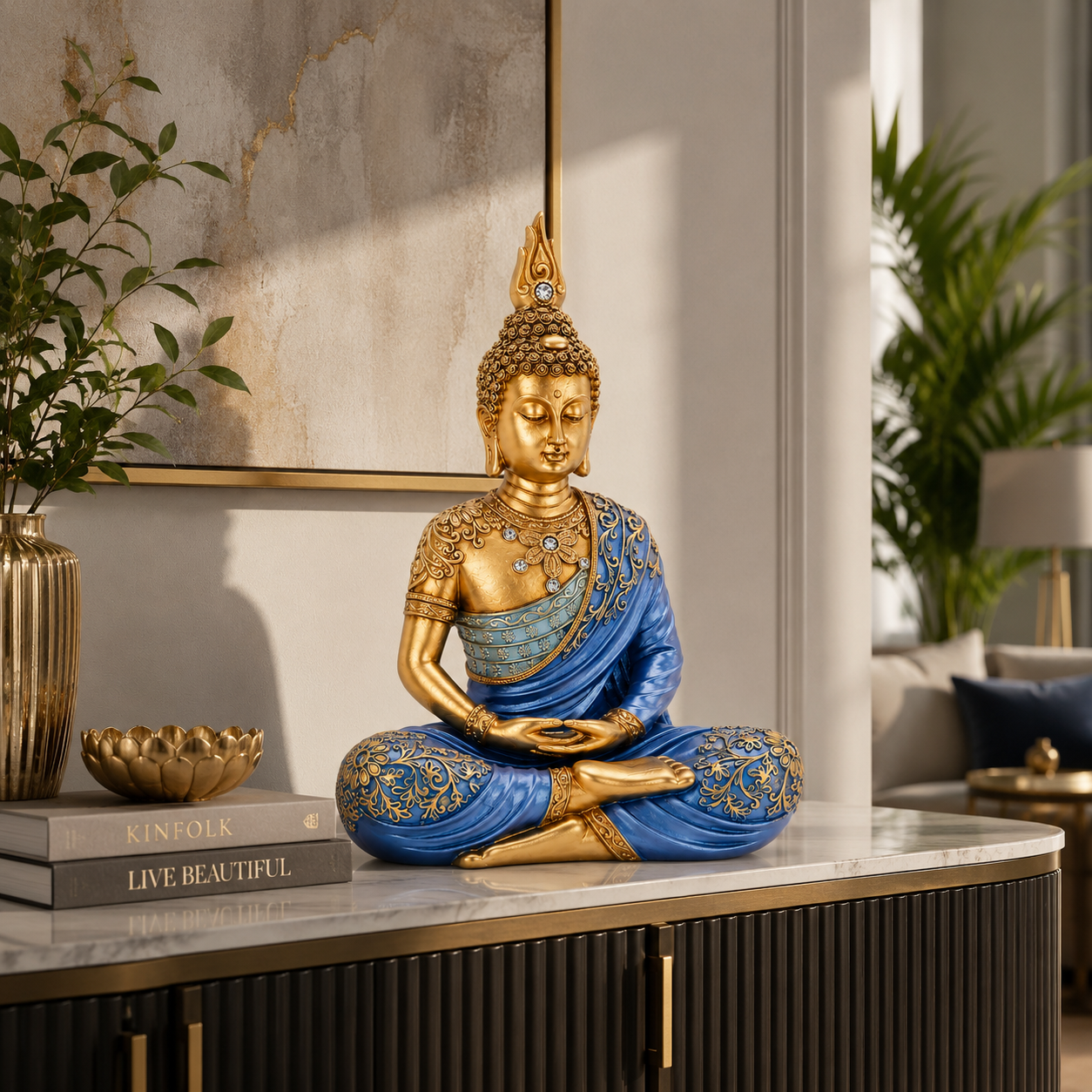 Blue & Gold Meditating Buddha Statue