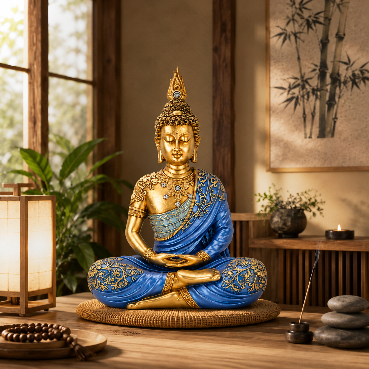 Blue & Gold Meditating Buddha Statue