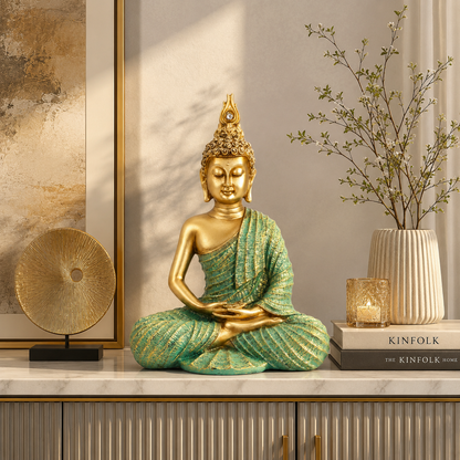 Mint Green & Gold Meditating Buddha Statue