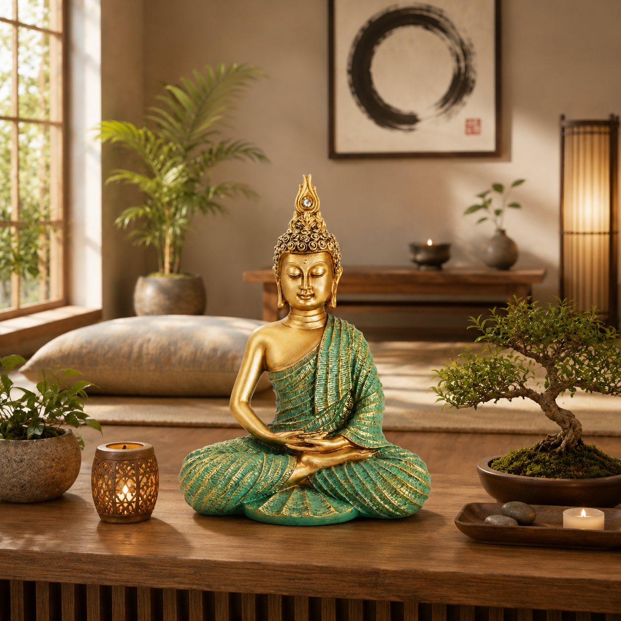 Mint Green & Gold Meditating Buddha Statue