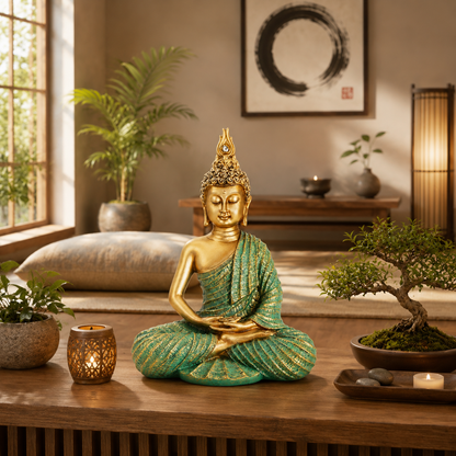 Mint Green & Gold Meditating Buddha Statue
