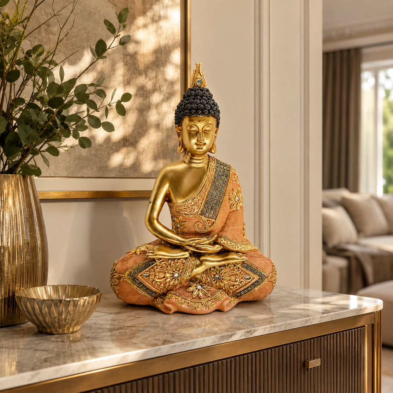 Peach & Antique Gold Buddha Meditation Statue