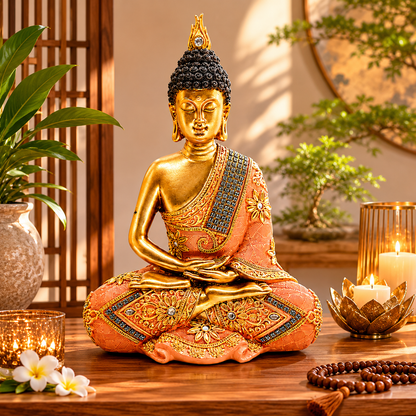 Peach & Antique Gold Buddha Meditation Statue