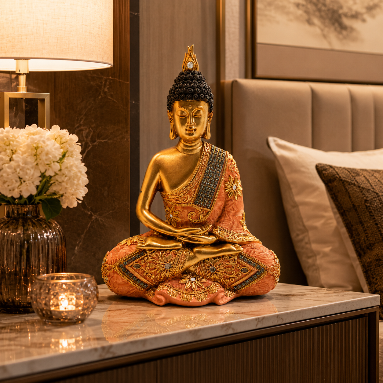 Peach & Antique Gold Buddha Meditation Statue