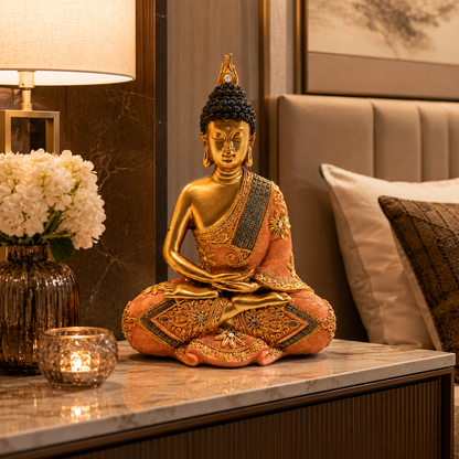 Peach & Antique Gold Buddha Meditation Statue