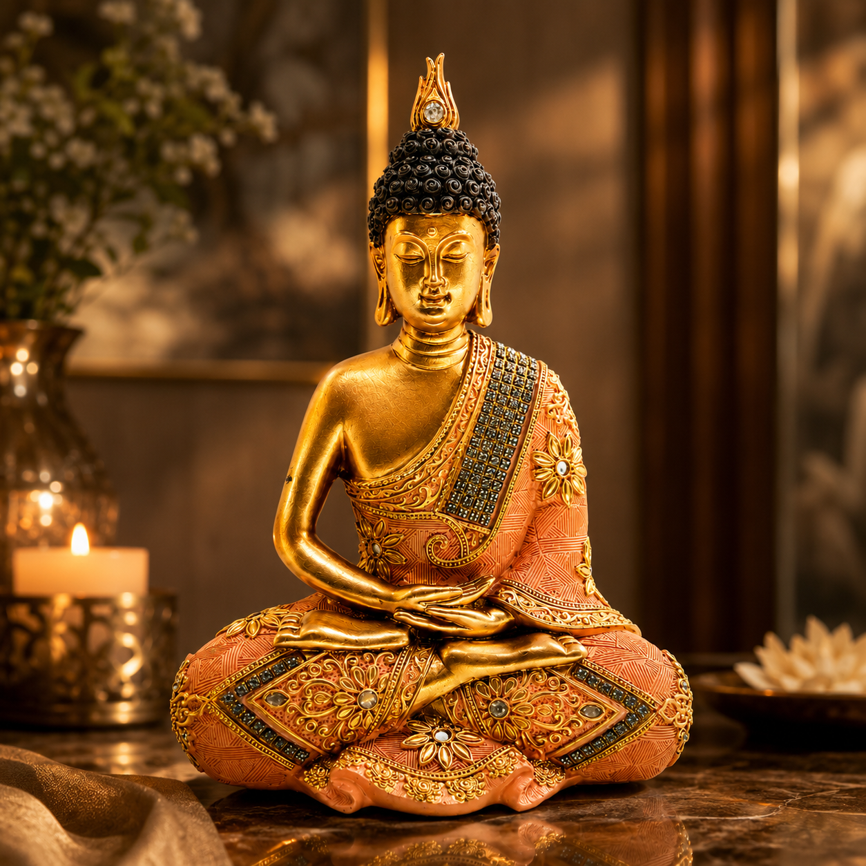 Peach & Antique Gold Buddha Meditation Statue