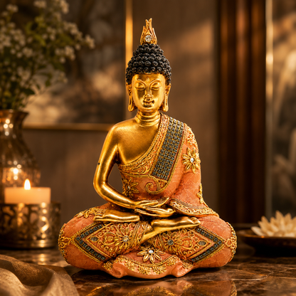 Peach & Antique Gold Buddha Meditation Statue