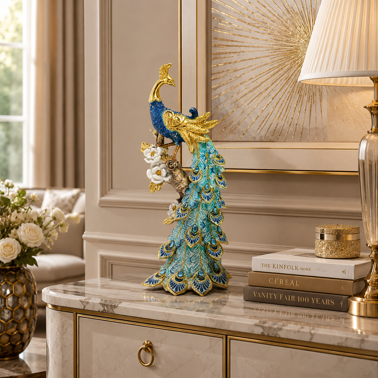 Royal Blue Peacock Decorative Showpiece | Luxury Peacock Statue for Home Decor | Premium Resin Table Accent