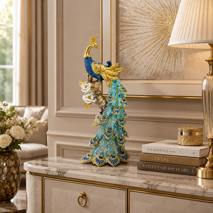 Royal Blue Peacock Decorative Showpiece | Luxury Peacock Statue for Home Decor | Premium Resin Table Accent