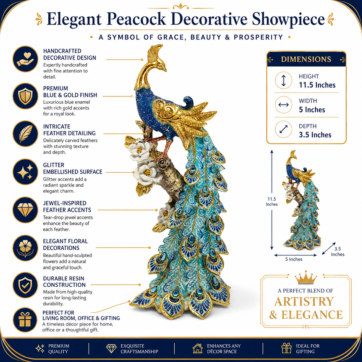 Royal Blue Peacock Decorative Showpiece | Luxury Peacock Statue for Home Decor | Premium Resin Table Accent