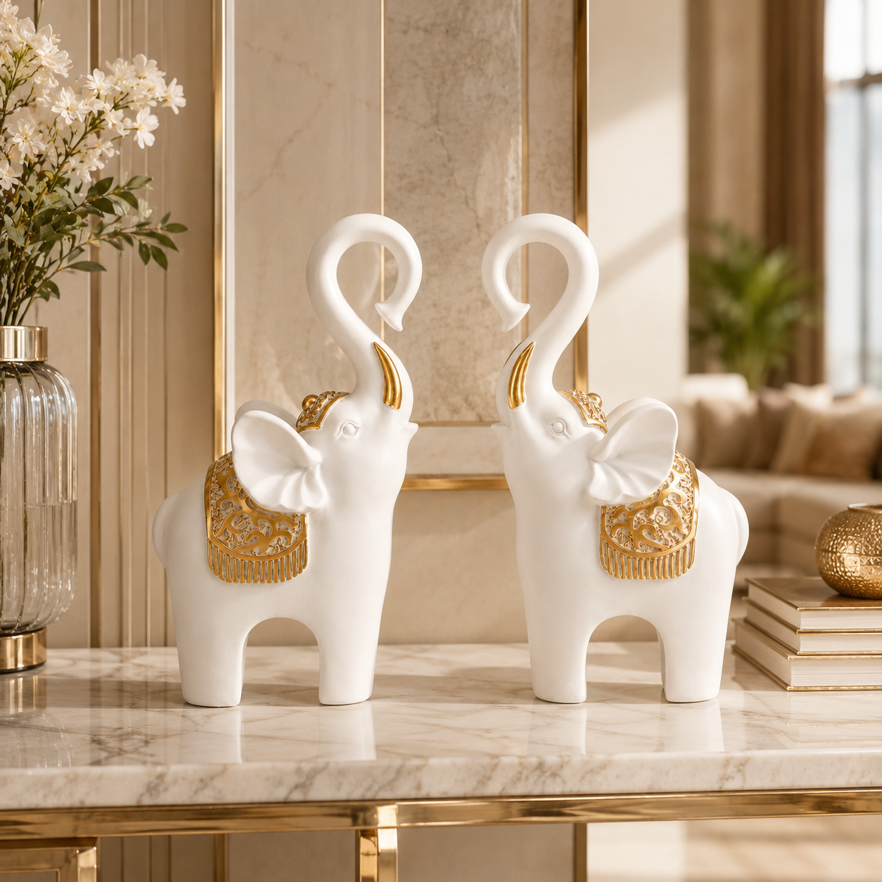 Luxury White & Gold Elephant Figure Set of 2