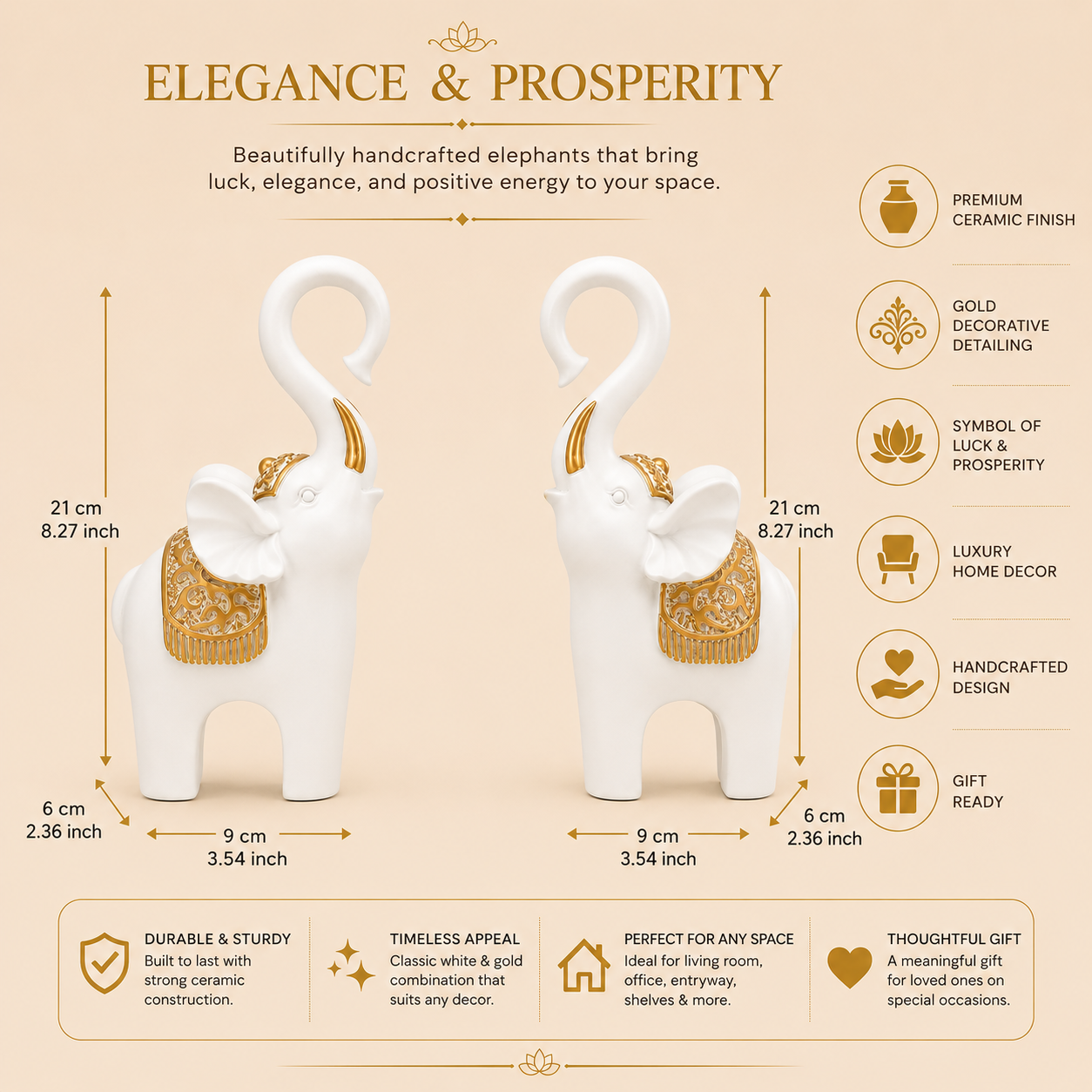 Luxury White & Gold Elephant Figure Set of 2