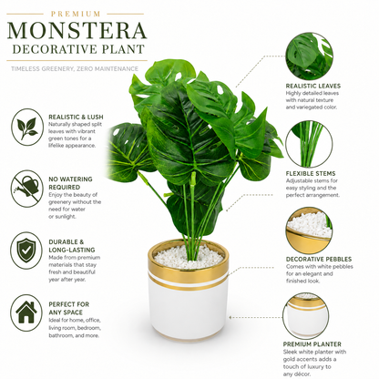 Artificial Monstera Plant in Decorative Pot | Luxury Indoor Tabletop Plant | Premium Home & Office Décor