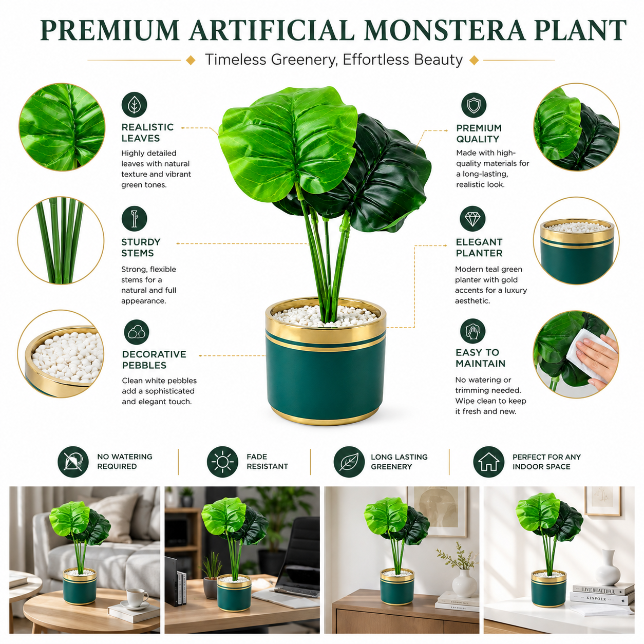 Artificial Monstera Plant in Decorative Pot | Luxury Indoor Tabletop Plant | Premium Home & Office Décor