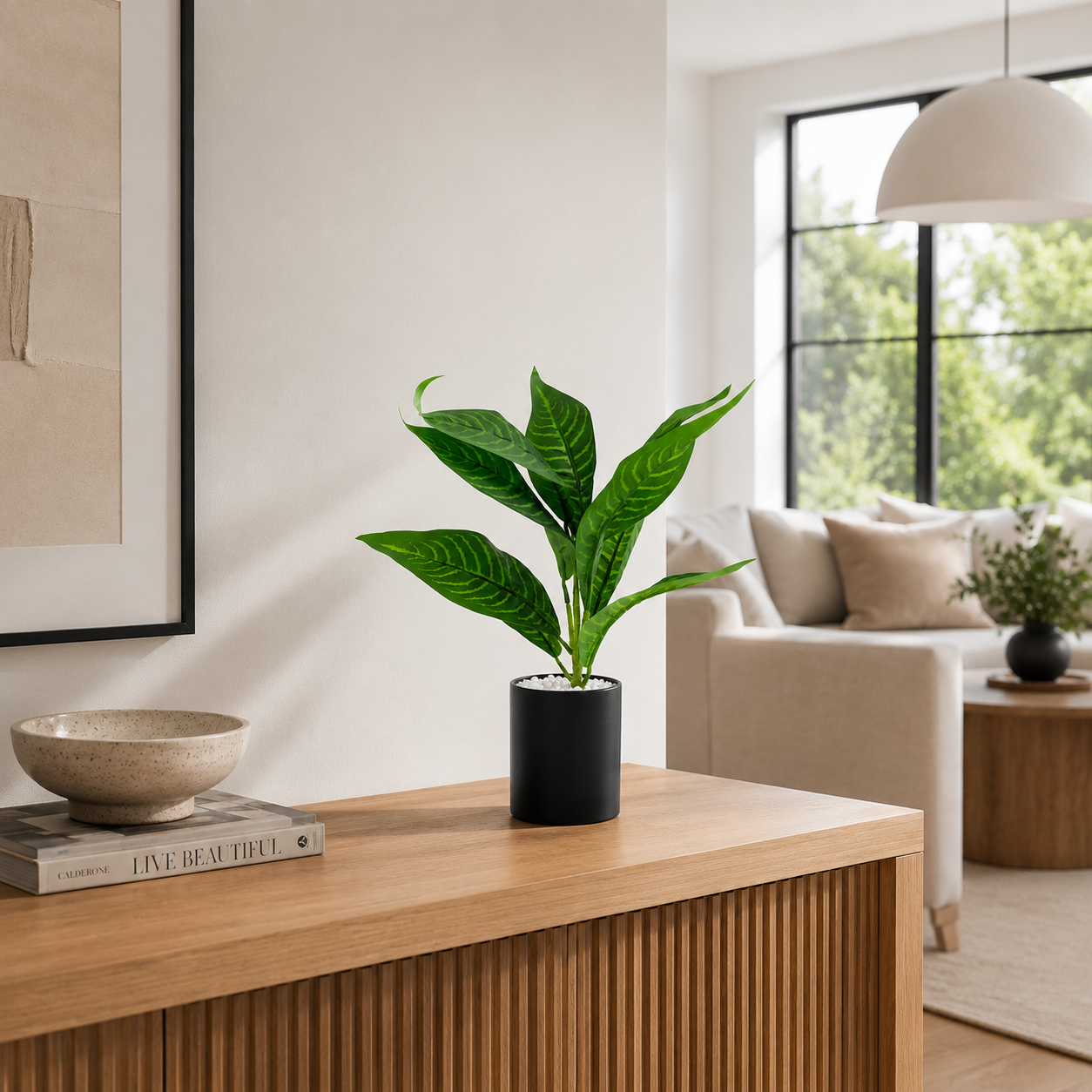 Artificial Tropical Green Plant in White Pot | Decorative Indoor Faux Foliage Plant | Modern Home & Office Tabletop Décor