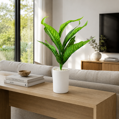 Artificial Tropical Green Plant in White Pot | Decorative Indoor Faux Foliage Plant | Modern Home & Office Tabletop Décor