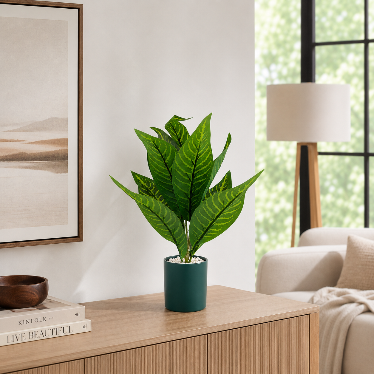 Artificial Tropical Green Plant in White Pot | Decorative Indoor Faux Foliage Plant | Modern Home & Office Tabletop Décor