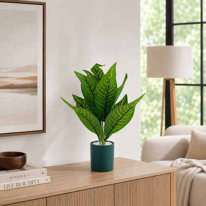 Artificial Tropical Green Plant in White Pot | Decorative Indoor Faux Foliage Plant | Modern Home & Office Tabletop Décor