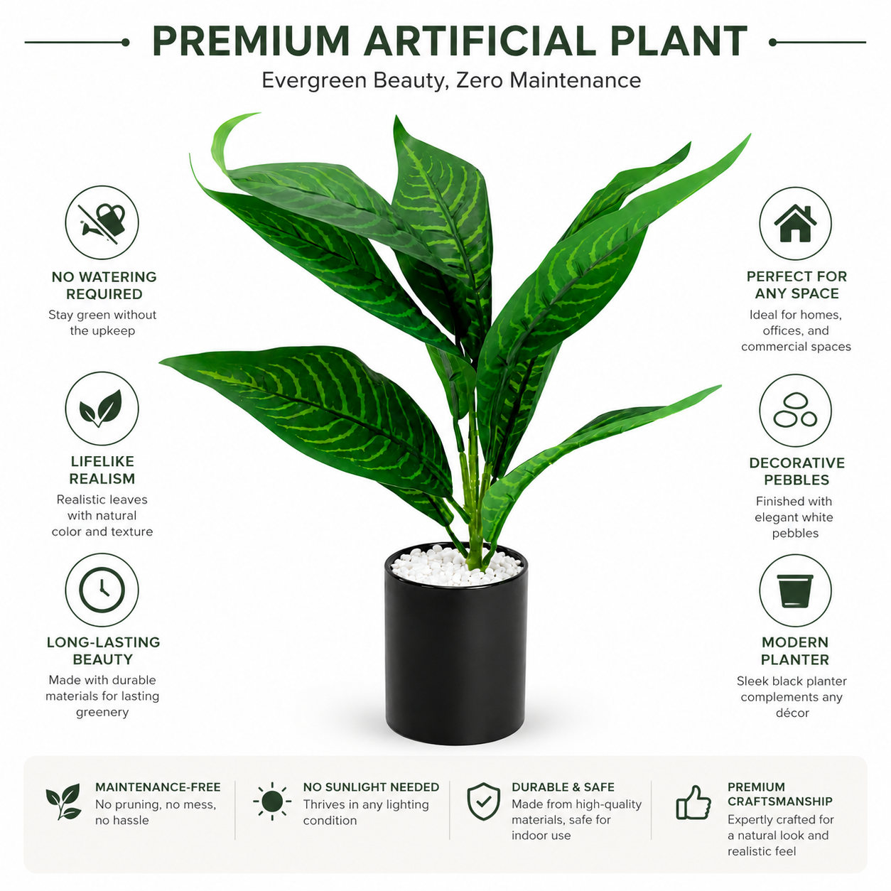 Artificial Tropical Green Plant in White Pot | Decorative Indoor Faux Foliage Plant | Modern Home & Office Tabletop Décor