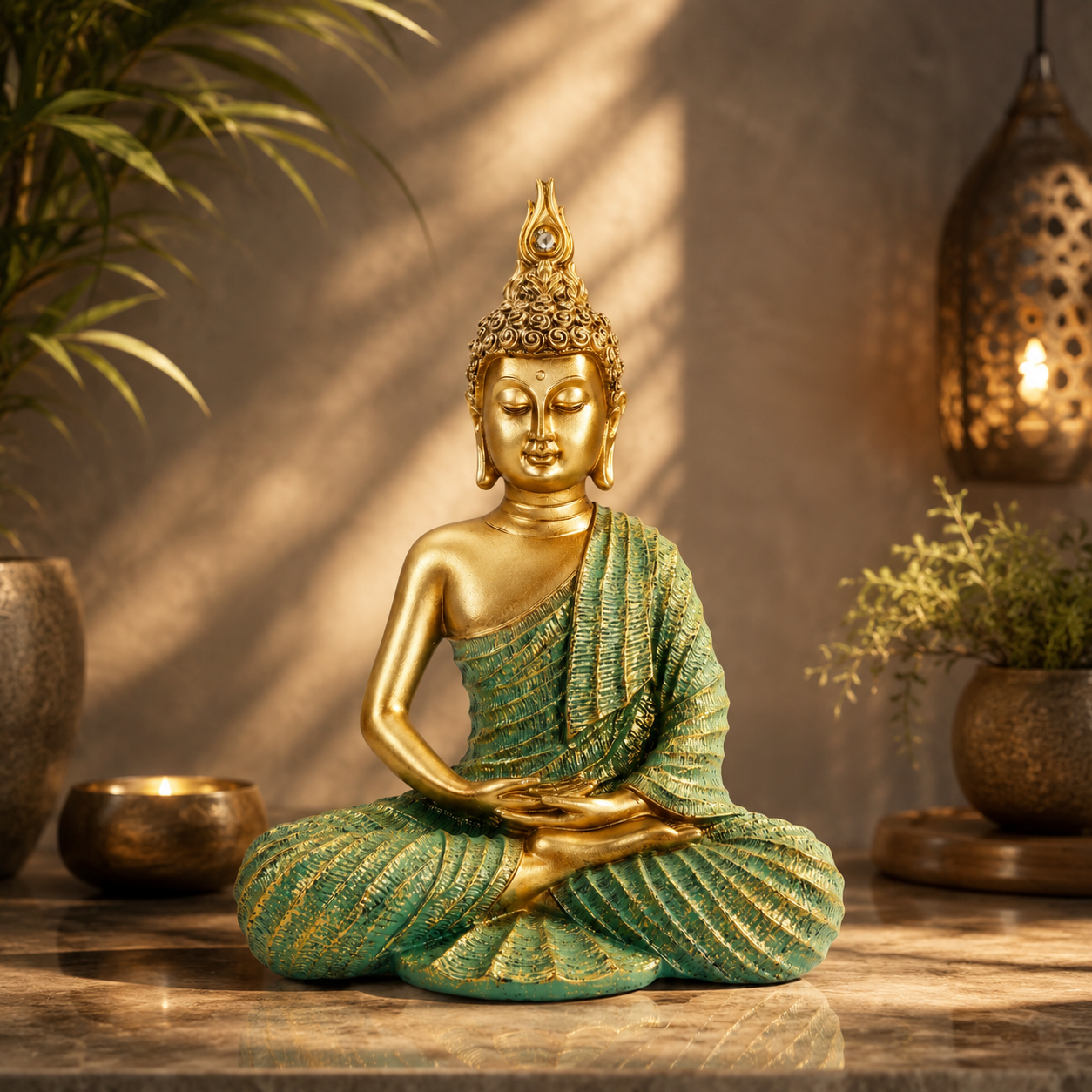 Mint Green & Gold Meditating Buddha Statue