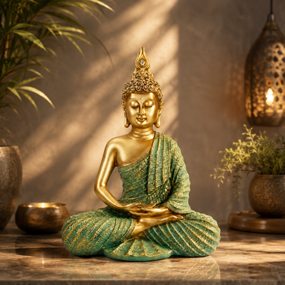 Mint Green & Gold Meditating Buddha Statue
