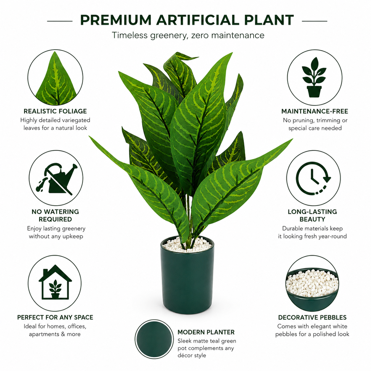 Artificial Tropical Green Plant in White Pot | Decorative Indoor Faux Foliage Plant | Modern Home & Office Tabletop Décor