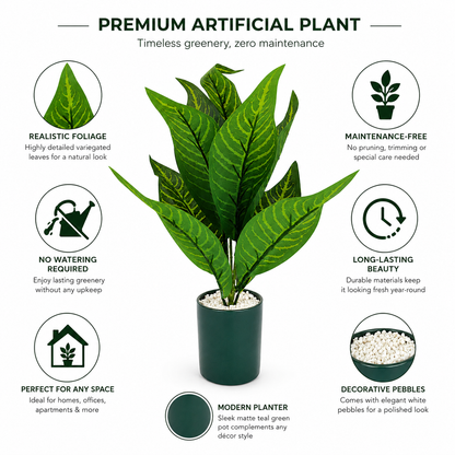 Artificial Tropical Green Plant in White Pot | Decorative Indoor Faux Foliage Plant | Modern Home & Office Tabletop Décor