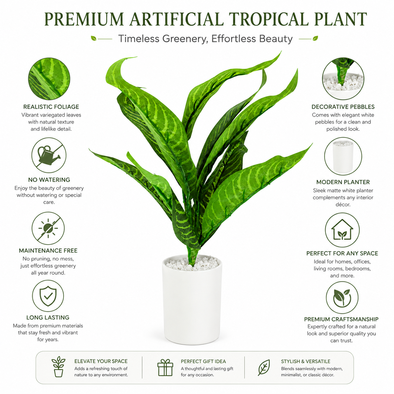 Artificial Tropical Green Plant in White Pot | Decorative Indoor Faux Foliage Plant | Modern Home & Office Tabletop Décor