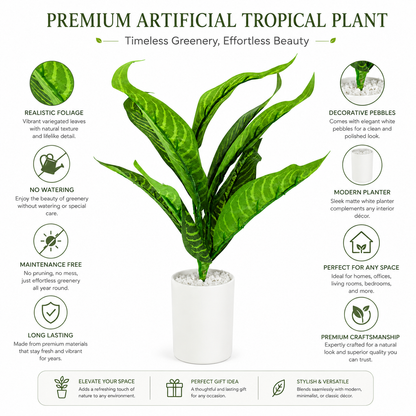 Artificial Tropical Green Plant in White Pot | Decorative Indoor Faux Foliage Plant | Modern Home & Office Tabletop Décor