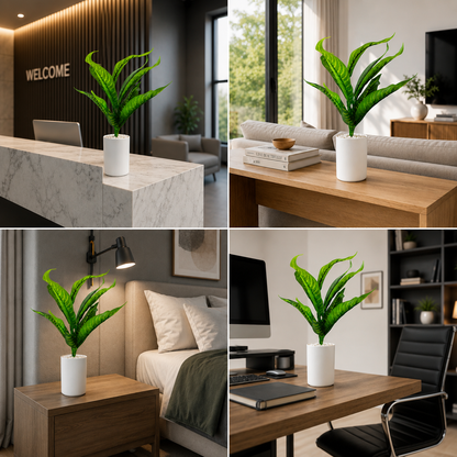 Artificial Tropical Green Plant in White Pot | Decorative Indoor Faux Foliage Plant | Modern Home & Office Tabletop Décor