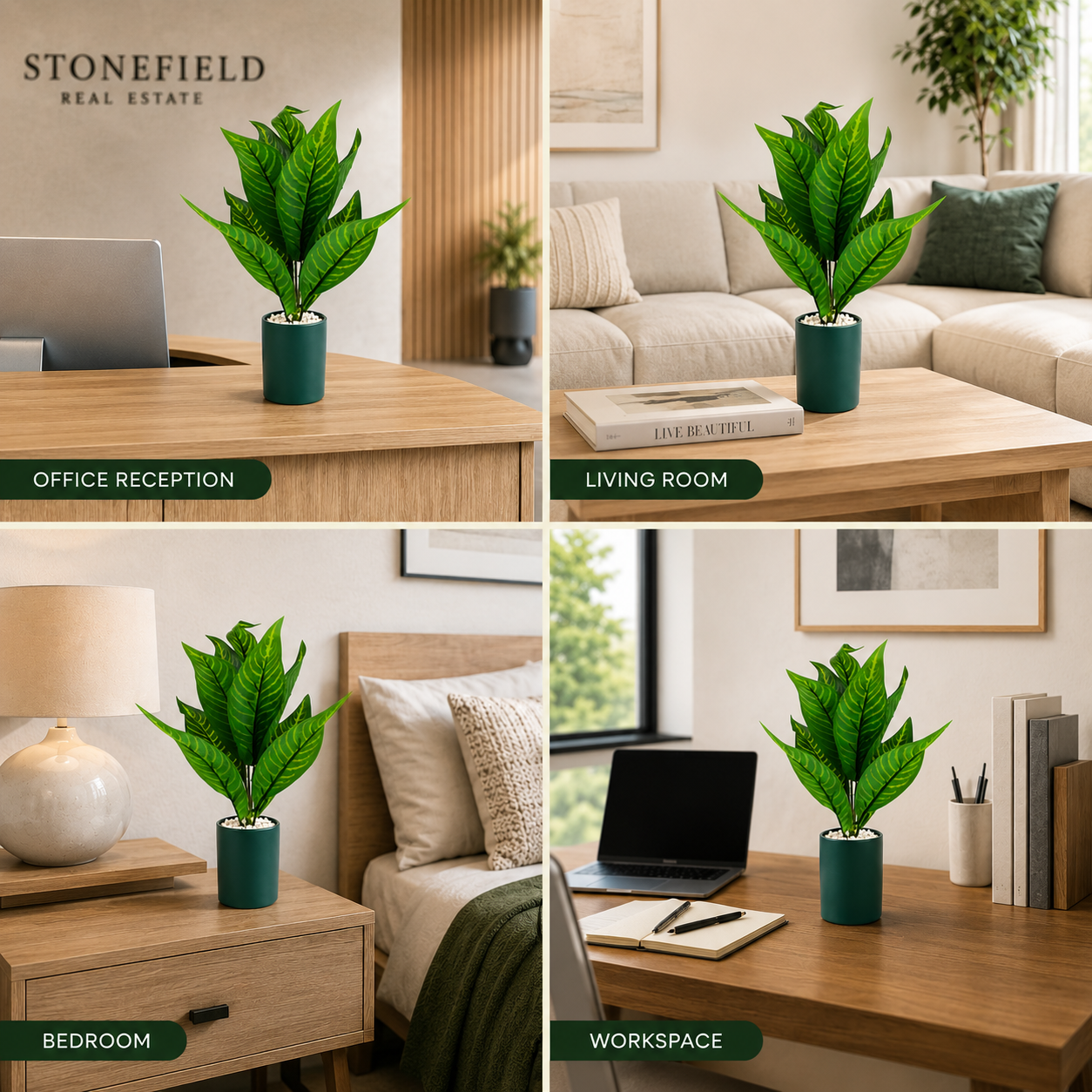 Artificial Tropical Green Plant in White Pot | Decorative Indoor Faux Foliage Plant | Modern Home & Office Tabletop Décor